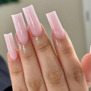 24Pcs Long Square Glossy Pink Solid Color Press on Nails Full Cover for Women and Girls