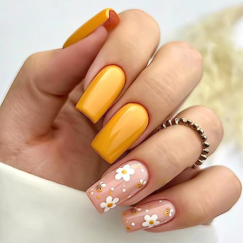 Pink Press on Nails Short Fake Nails Yellow False Nails Glossy Artificial Nails with Flowers & Cute animal Designs Short Square Acrylic Nails for Women Girls