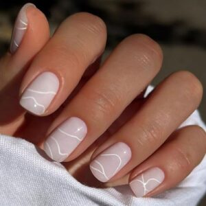 Pink Press on Nails Short Medium Square Light Purple Fake Nails Acrylic False Nails Press Ons with White Lines Designs Nail Tips Full Cover Glue on Nails Artificial Acrylic Nail Kit for Women 24 Pcs