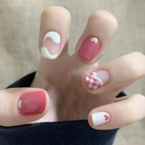 Pink Press on Nails Short Nails Acrylic Press Ons, Small Petite Square Fake Nails with Designs Nails Press Ons, 24Pcs