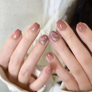 Pink Press on Nails Short Square Nails,EIOAUY Fake Nails Full Cover Fall Glue on Nails Short Acrylic Nails Press ons Butterfly Designs Cute Artificial Nails Stick on Nails for Women Girls 24 Pcs