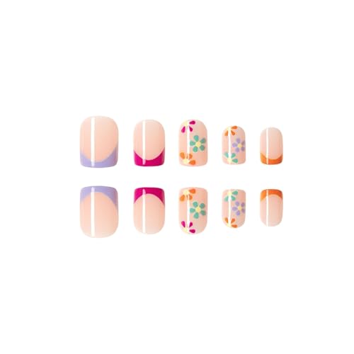Pink Press on Nails Short Square SWEKKE French Tip Fake Nails Nude Full Cover Colorful Floral False Nails with Designs Spring Summer Acrylic Nails Glossy Glue on Nails Artificial Nails for Women Girls - Image 4