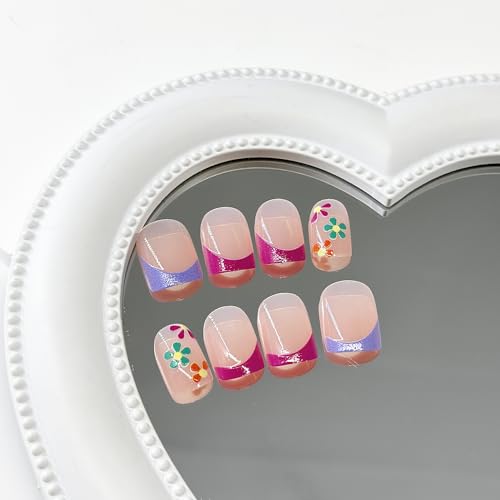 Pink Press on Nails Short Square SWEKKE French Tip Fake Nails Nude Full Cover Colorful Floral False Nails with Designs Spring Summer Acrylic Nails Glossy Glue on Nails Artificial Nails for Women Girls - Image 3