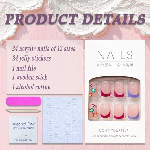 Pink Press on Nails Short Square SWEKKE French Tip Fake Nails Nude Full Cover Colorful Floral False Nails with Designs Spring Summer Acrylic Nails Glossy Glue on Nails Artificial Nails for Women Girls - Image 2