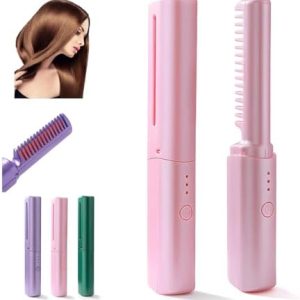 Pink Rechargeable Cordless Mini Hair Straightener Brush, 3 Temperature Settings, Travel Size