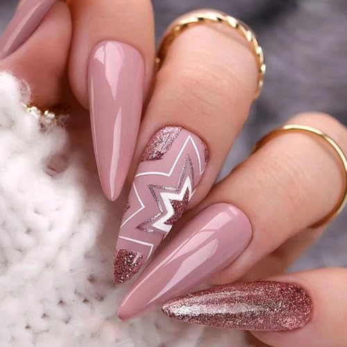 Pink Solid Color Press on Nails Extra Long Acrylic Fake Nails Glitter Maple Leaf Design Artificial Stick on Nails Almond Glue on Nails for Women DIY Manicure Decoration