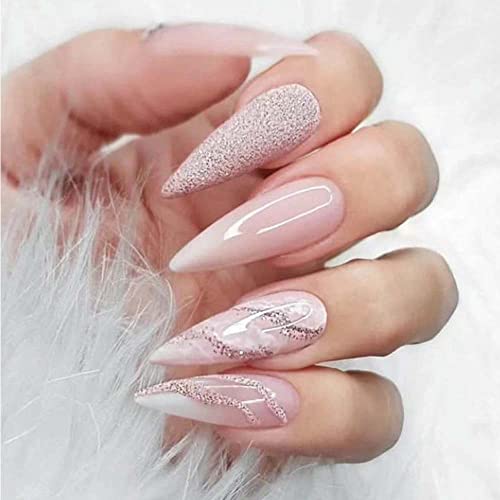 Pink Stiletto Press on Nails Long Fake Nails Glue on Nails for Women with Glitter Marble Grain Design Cute Gel False Nails Reusable Full Cover Stick on Nails for Wedding Birthday 24Pcs