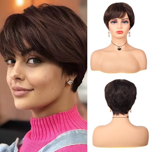 Pixie Cut Wig for Black Women Short Human Hair Wigs, Short Layered Wigs Soft Breathable for Daily Party Wear (Pixie2, 6in)