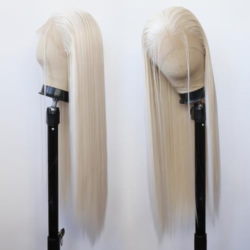 Platinum Blonde Synthetic Lace Front Wig Long Straight Lace Front Synthetic Wig Pre Plucked Natural Hairline Glueless Heat Resistant Fiber Hair Wig for Fashion Women (Platinum Blonde) - Image 7