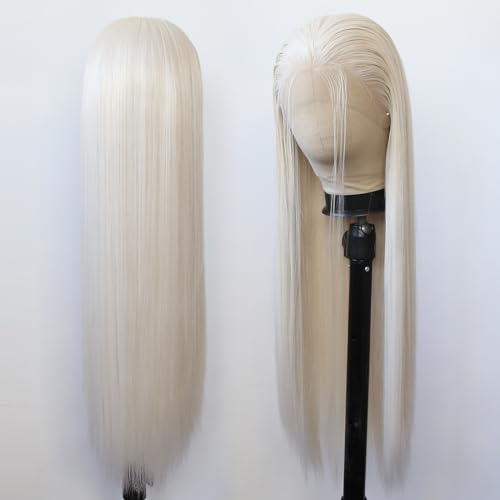 Platinum Blonde Synthetic Lace Front Wig Long Straight Lace Front Synthetic Wig Pre Plucked Natural Hairline Glueless Heat Resistant Fiber Hair Wig for Fashion Women (Platinum Blonde) - Image 8