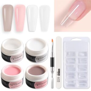 Poly Nail Extension Gel Kit 4 Colors Clear White Pink Builder Nail Gel Nail Strengthener 3D Molding Gel with Nail Gel Brush Pen Nail Forms All-in-One French Manicure Kit