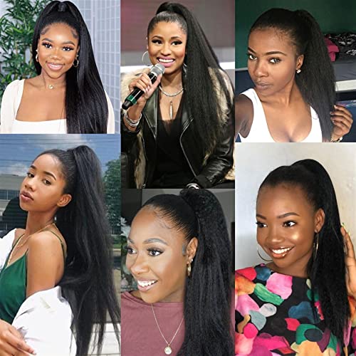 Ponytail Extension 12-26 Inches Kinky Straight Ponytail Human Hair Yaki Straight Ponytail Extension for Black Women Wrap Around Ponytail Hair Piece Natural Black Color Curly Drawstring Ponytail (Colo - Image 6