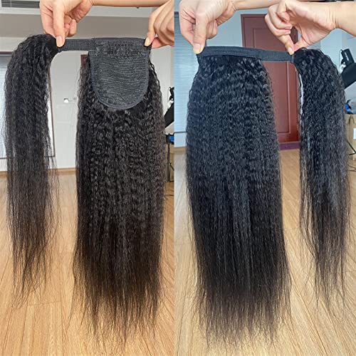 Ponytail Extension 12-26 Inches Kinky Straight Ponytail Human Hair Yaki Straight Ponytail Extension for Black Women Wrap Around Ponytail Hair Piece Natural Black Color Curly Drawstring Ponytail (Colo - Image 2