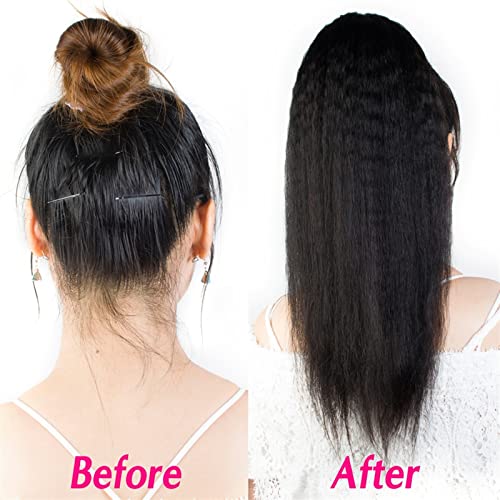 Ponytail Extension 12-26 Inches Kinky Straight Ponytail Human Hair Yaki Straight Ponytail Extension for Black Women Wrap Around Ponytail Hair Piece Natural Black Color Curly Drawstring Ponytail (Colo - Image 5