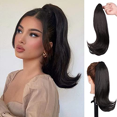 Ponytail Extension Claw Clip in Hairpiece Natural Ponytail for Women Straight Synthetic Hair Pony Tails High-Resistant Fiber Hair for Girls 16 inches(Black Brown)