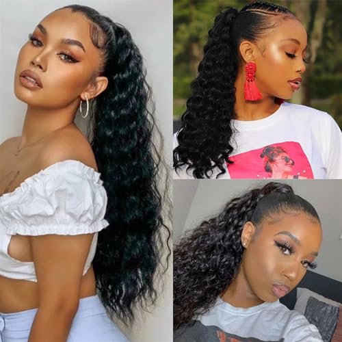 Ponytail Extension Human Hair Drawstring Ponytail Extension Water Wave Ponytail Hair Pieces Natural Color Natural Wave Ponytail Clip in Hair Extensions for Black Women Hairpiece for Women (Color : Bl - Image 5