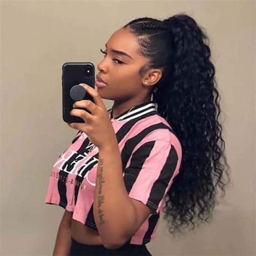 Ponytail Extension Human Hair Drawstring Ponytail Extension Water Wave Ponytail Hair Pieces Natural Color Natural Wave Ponytail Clip in Hair Extensions for Black Women Hairpiece for Women (Color : Bl - Image 2