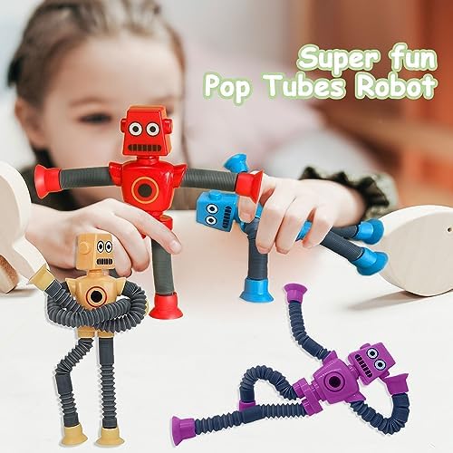 Pop Tubes Robot Toy, 4 Packs Fidget Toys Telescopic Suction Cup Robotics Autism Sensory Toys for Toddlers Boys Girls Educational Classroom Treasure Box Stretchy Robots Party Favors - Image 3