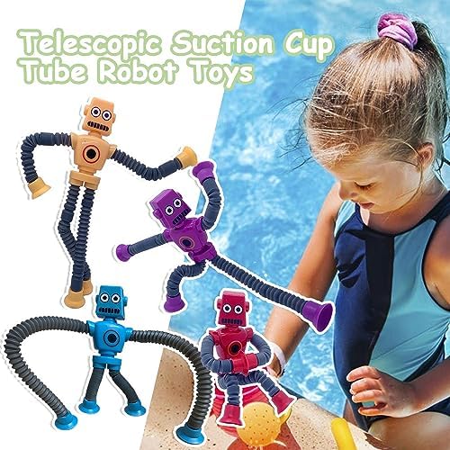Pop Tubes Robot Toy, 4 Packs Fidget Toys Telescopic Suction Cup Robotics Autism Sensory Toys for Toddlers Boys Girls Educational Classroom Treasure Box Stretchy Robots Party Favors - Image 4