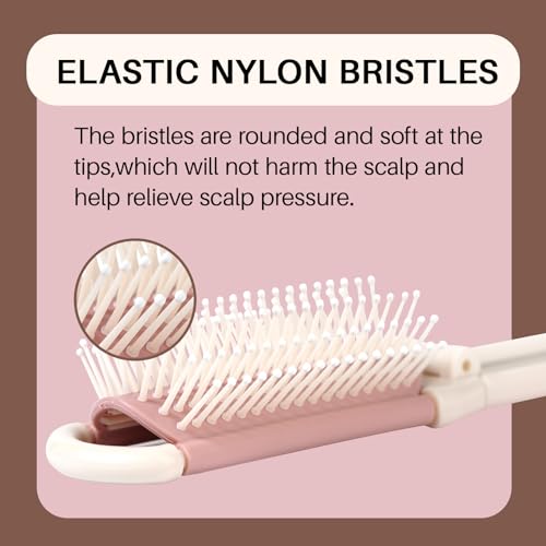 Portable Beige Folding Hair Brush with Mirror for Women and Girls - Image 5
