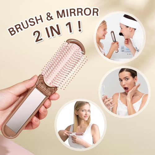 Portable Beige Folding Hair Brush with Mirror for Women and Girls - Image 4