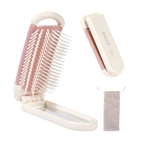 Portable Beige Folding Hair Brush with Mirror for Women and Girls