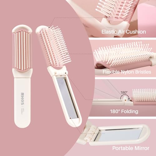 Portable Beige Folding Hair Brush with Mirror for Women and Girls - Image 7