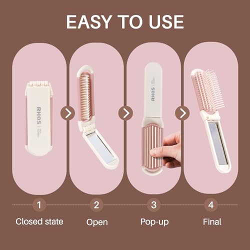 Portable Beige Folding Hair Brush with Mirror for Women and Girls - Image 6
