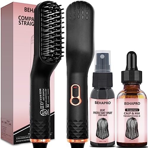 Portable Hair Straightener Brush Set with Heat Spray and Oil Gift, Travel Size