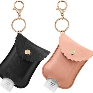Portable Squeeze Bottle, Empty Leakproof Plastic Travel Bottle with Leather Keychain Holder for Hand Sanitizer, Essential Oil, Refillable Bottle Clips to Diaper Bag, Travel Bag(2oz 2 pack-Pink)