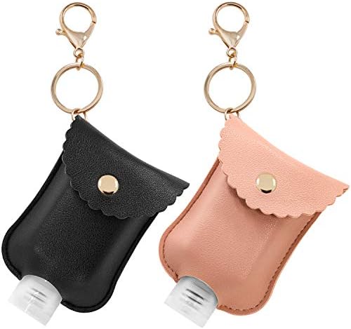 Portable Squeeze Bottle, Empty Leakproof Plastic Travel Bottle with Leather Keychain Holder for Hand Sanitizer, Essential Oil, Refillable Bottle Clips to Diaper Bag, Travel Bag(2oz 2 pack-Pink)