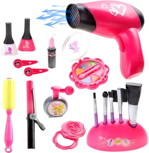 PowerTRC Dress Up Make Up Salon Beauty Play Set | Realistic Pretend Play Set | Fashion Kit for Girls | Hair Dryer, Makeup Set, Brushes & Accessories
