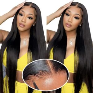 Pre Cut 13x4 HD Lace Glueless Wigs Human Hair Wear and Go Wigs Straight Lace Front Wigs Brazilian Human Hair Wigs No Glue Lace Frontal Wig Human Hair with Baby Hair 180% Density Natural Color 24 Inch