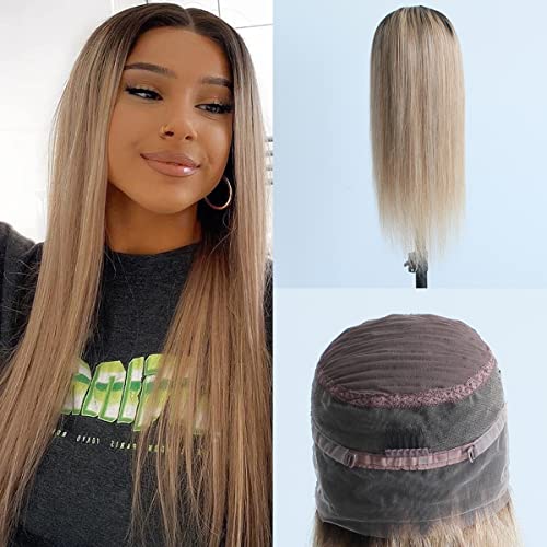 Pre-plucked Ombre #1B/27 Dark Root Honey Blonde 360 Lace Frontal Wigs Straight Glueless 150% Density Brazilian Virgin Human Hair With Baby Hair Full (20" inch, Straight)