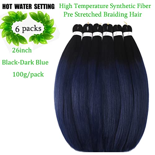 Pre Stretched Braiding Hair Extensions 26 Inch 6 Packs Braid Hair Prestretched Crochet Braids Hair Hot Water Setting High Temperature Synthetic Fiber Premium Yaki Texture(26inch,Black-Dark Blue) - Image 2