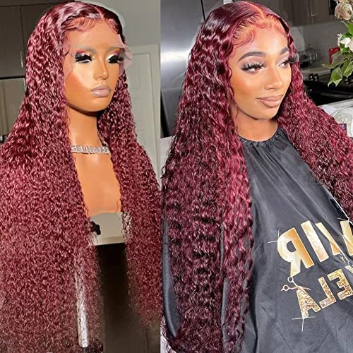 Preplucked Full 150% Density Kinky Curly Glueless Lace Front Human Hair Wigs Burgundy #99J Dark Red 18inch Ear to Ear Lace Frontal Human Hair Wigs with Baby Hair