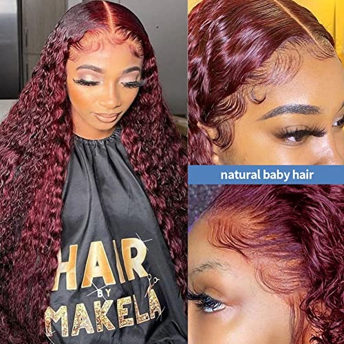 Preplucked Full 150% Density Kinky Curly Glueless Lace Front Human Hair Wigs Burgundy #99J Dark Red 18inch Ear to Ear Lace Frontal Human Hair Wigs with Baby Hair - Image 2
