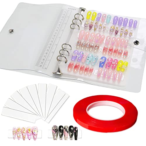 Press On Nail Packaging,Press On Nail Organizer,Removable Loose-Leaf Storage Book for Fake Nail,Nail Display with 50-Piece Nail Display Stand and 10m Nail Tape