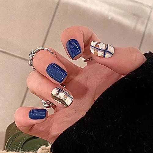 Press on Nail Short Coffin, Square Shape Full Cover Reusable False Nails with Glue, Artificial Acrylic Fake Nails for Women, Glue On Nails with Designs, Stick on Nails with Blue Charm
