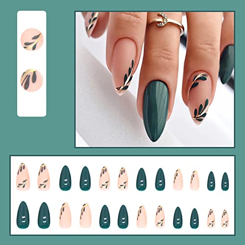 Press on Nails Almond Fake Nails with Stick on Nails Full Cover Dark Green Leaf Design Medium False Nails Summer Artificial Acrylic Nails for Women Girls Press on Nail Kit 24Pcs - Image 2