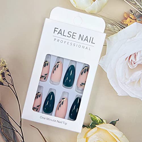 Press on Nails Almond Fake Nails with Stick on Nails Full Cover Dark Green Leaf Design Medium False Nails Summer Artificial Acrylic Nails for Women Girls Press on Nail Kit 24Pcs - Image 3