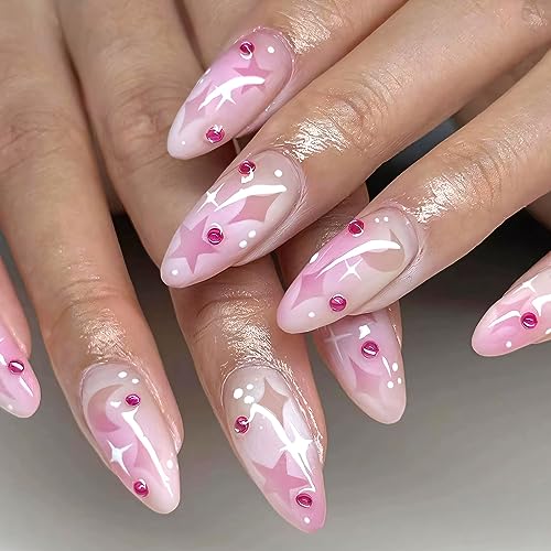 Press on Nails Almond Medium Length False Nails Glossy Fake Nails with Rhinestones and Star Moon Design Gradient Glue on Nails Pink to White Stick on Nails for Women and Girls Full Cover Nails 24 Pcs