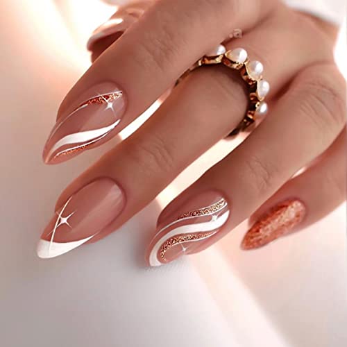 Press on Nails Almond Shaped Fake Nails Medium Length Acrylic Nails French Tip Pink False Nails with White Curves Star Gold Swirls Glitter Design Nails for Girls Decoration 24Pcs