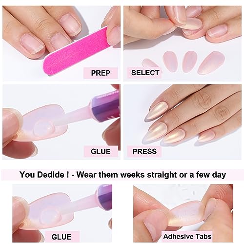 Press On Nails Almond, SHOWMORE Handmade Glitter Light Pink Pearlescent Fake Nails Medium Glue On Nails False Nails Stick On Nails in 12 Sizes 24 Nail Kit with Glue - Image 6