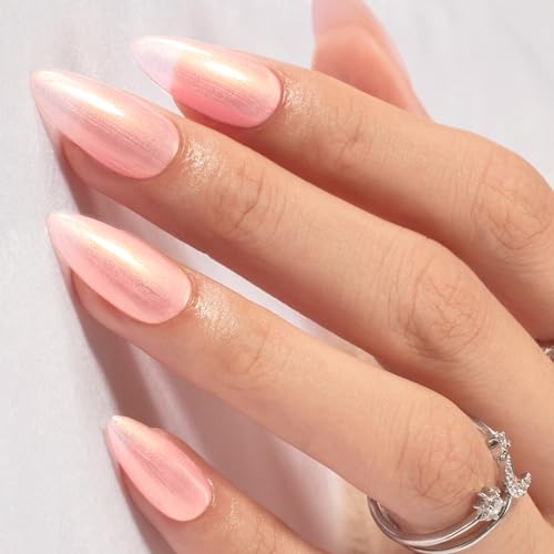 Press On Nails Almond, SHOWMORE Handmade Glitter Light Pink Pearlescent Fake Nails Medium Glue On Nails False Nails Stick On Nails in 12 Sizes 24 Nail Kit with Glue - Image 3