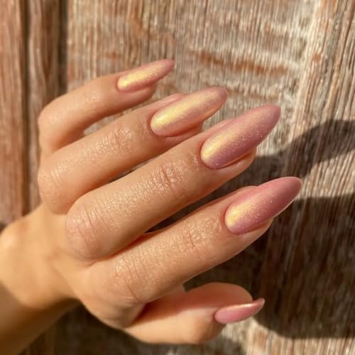 Press On Nails Almond, SHOWMORE Handmade Glitter Light Pink Pearlescent Fake Nails Medium Glue On Nails False Nails Stick On Nails in 12 Sizes 24 Nail Kit with Glue