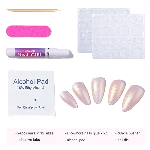 Press On Nails Almond, SHOWMORE Handmade Glitter Light Pink Pearlescent Fake Nails Medium Glue On Nails False Nails Stick On Nails in 12 Sizes 24 Nail Kit with Glue - Image 5