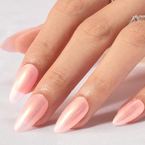 Press On Nails Almond, SHOWMORE Handmade Glitter Light Pink Pearlescent Fake Nails Medium Glue On Nails False Nails Stick On Nails in 12 Sizes 24 Nail Kit with Glue - Image 2