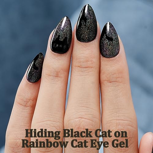 Press On Nails Almond, SHOWMORE Rainbow Glitter Fake Nails Medium Cat Eye Glue On Nails False Nails with Design Reusable Stick On Nails, 12 Sizes 24 Nail Kit with Glue (Handmade) - Image 2