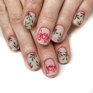 Press on Nails Christmas False Nails Short Square Stick on Nails Full Cover Matte Acrylic Nails with Snow Leaf Letter Designs Stick on Nails Natural Artificial for Women and Girls 24 PCS Manicure